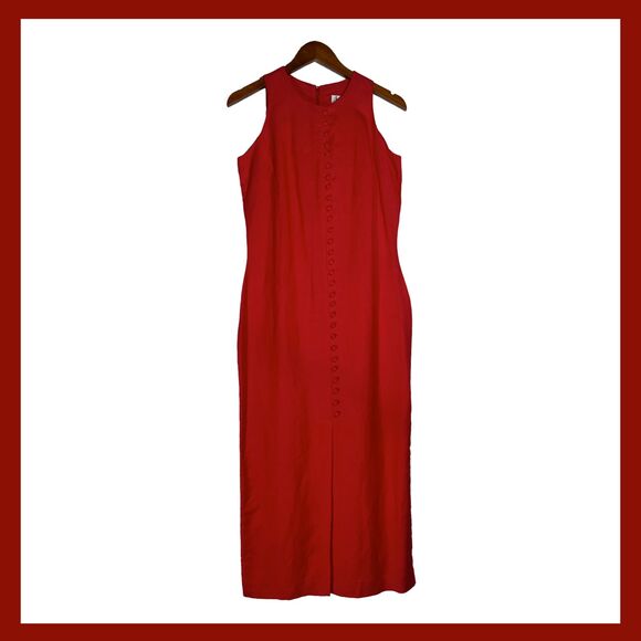 Vintage Jennifer Eden Red Sleeveless Maxi Dress Faux Button Slit High Neck 90s - Picture 1 of 16